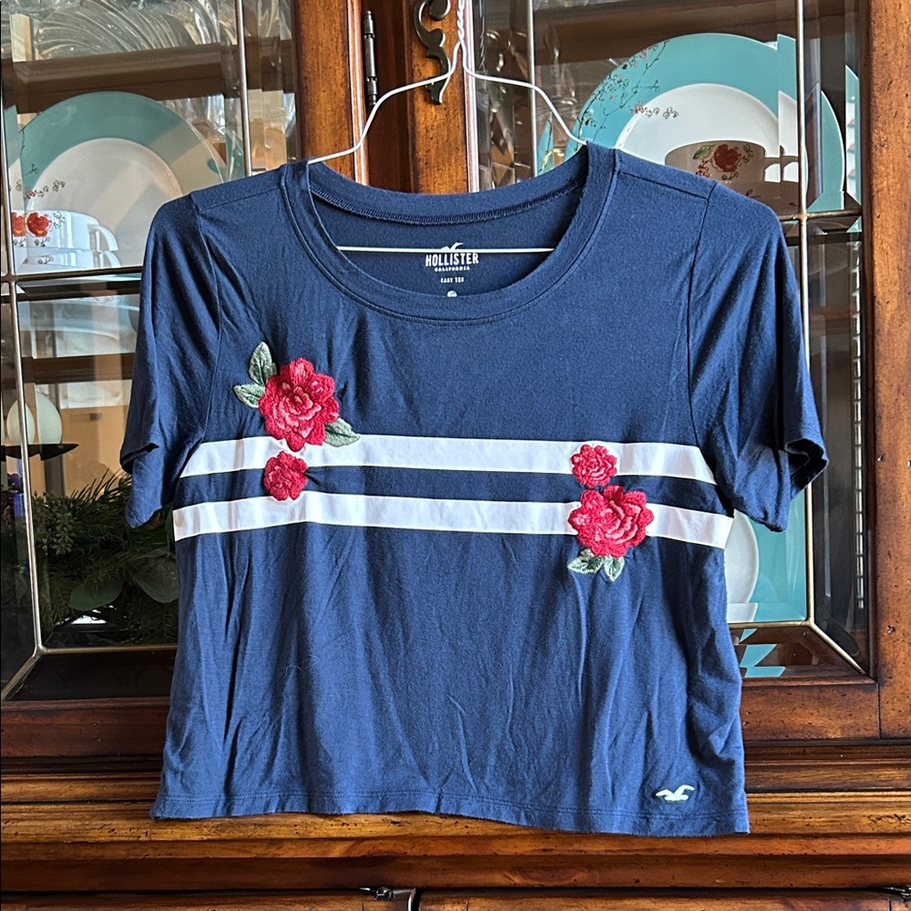 Hollister Navy Crop Top with Red Floral Embroidery